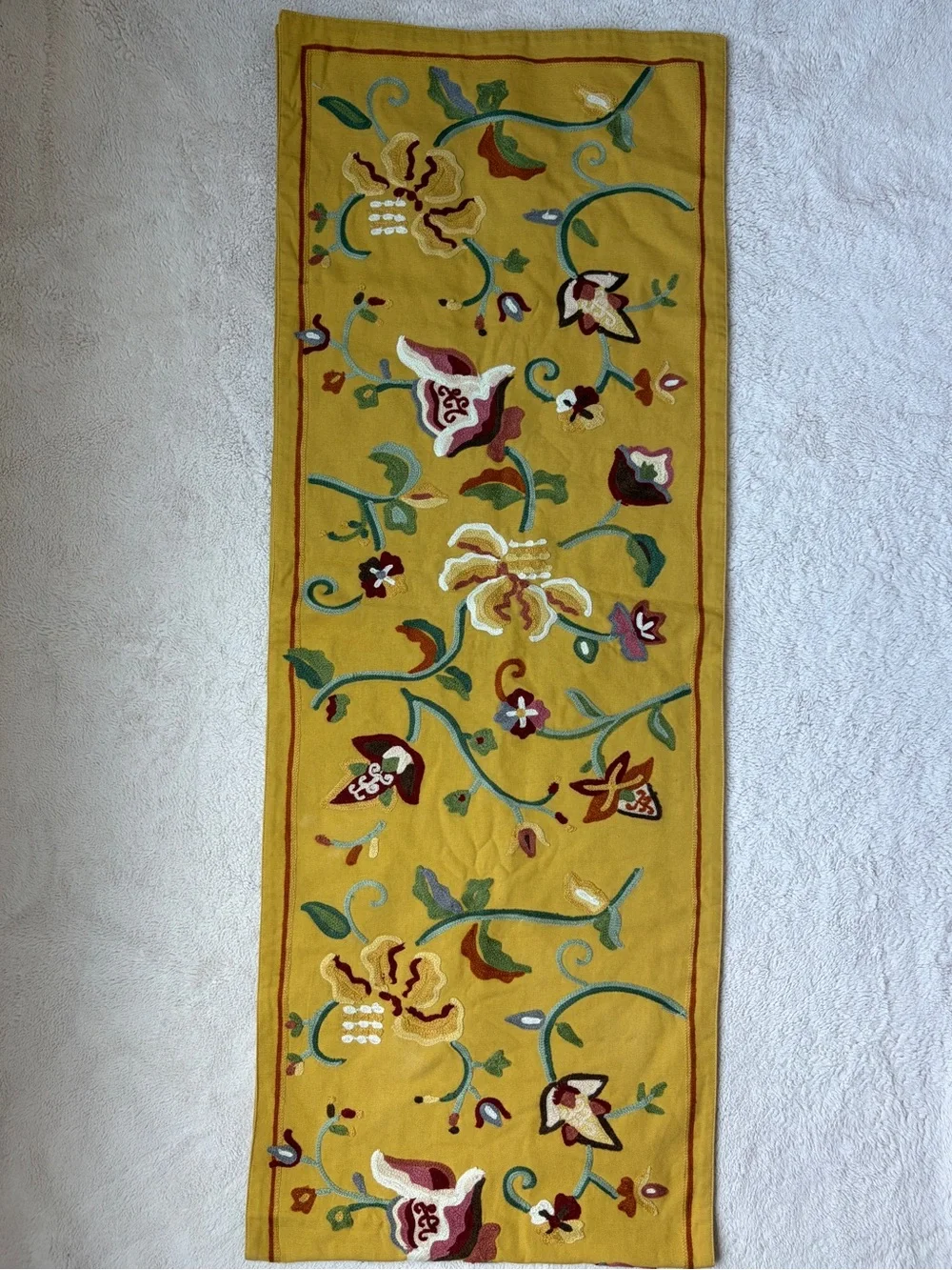 Vintage Williams Sonoma Mustard Yellow Floral Embroidered Table Runner